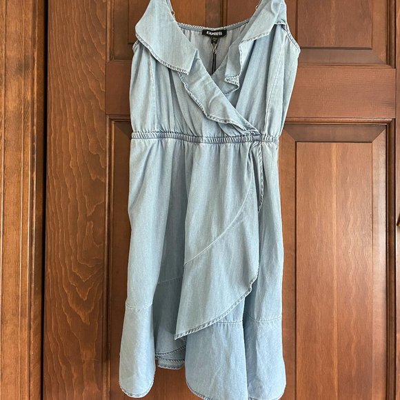 New Express Chambray Ruffle Front Dress - Picture 3 of 5